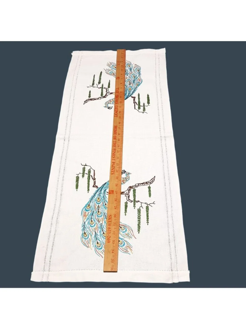 Hand-Embroidered White Cotton Table Runner With Colorful Peacock Design 14 x 36
